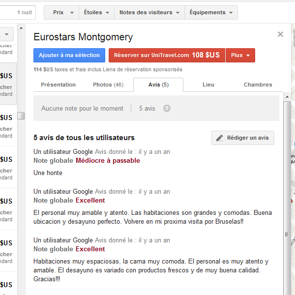 Avis des utilisateurs de Google Hotel Finder