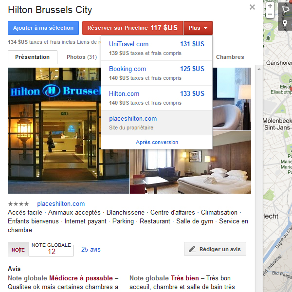 Prix affichés de Google Hotel Finder
